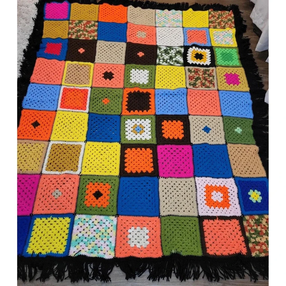 VTG Crochet Blanket Granny Square Fringe Afghan Throw 79x63